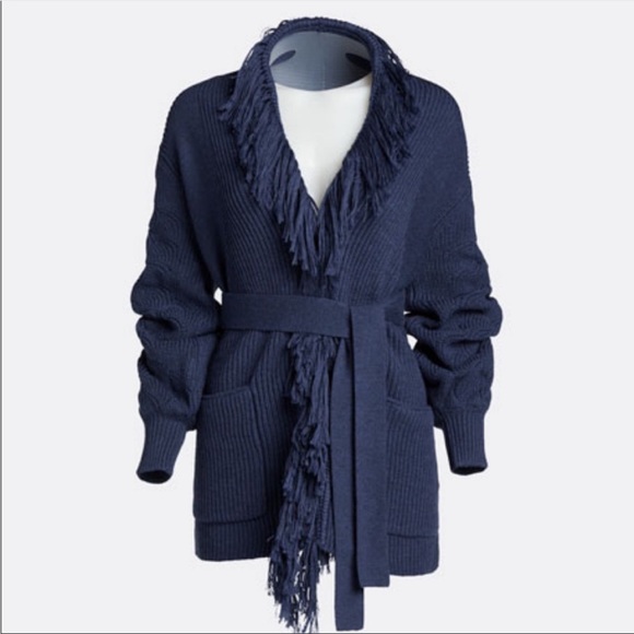 KOBI HALPERIN NWT Luxe Wool Knit Navy Blue Monica Fringe Belted Cardigan Sweater - Picture 15 of 16